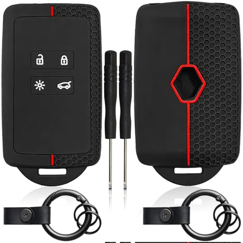 2 STK Autoschlüssel Hülle kompatibel mit Renault 4-Tasten Autoschlüssel | Smartkey (nur Keyless Go) mit 2 Schlüsselanhänger Silikon Schlüsselhülle für Clio/Espace 5/Master Bus/Talisman(Rote Linie)