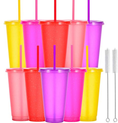 Yisituo Lot de 10 gobelets en plastique de 710 ml avec couvercle et paille, pour adultes et enfants, réutilisables, parfaits pour les fêtes, la plage et les fêtes à la piscine (10, colorés)