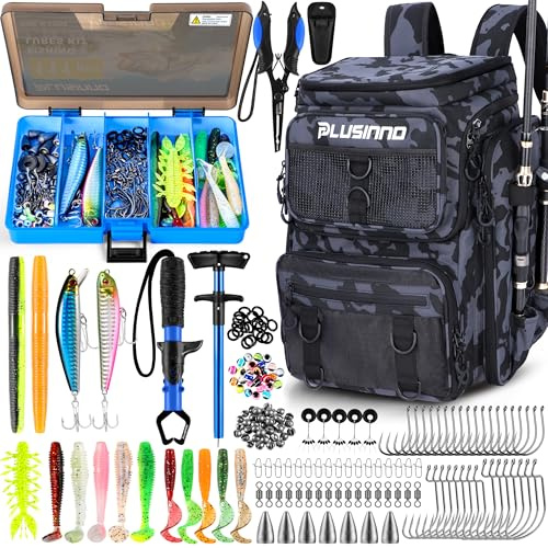 PLUSINNO Angelrucksack mit Rutenhaltern, Angelbox, 42 l, groß, wasserabweisend, für Angelausrüstung