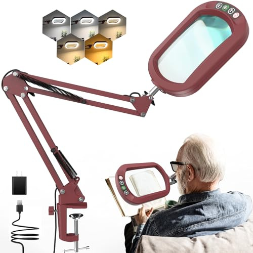 12 x förstoringsglas med ljus och klämma, äkta glas stativbelysning förstoringsglas, 5 färglägen och steglös dimbarhet LED skrivbord handsfree för hantverk hobbyer läsning målning sömnad och