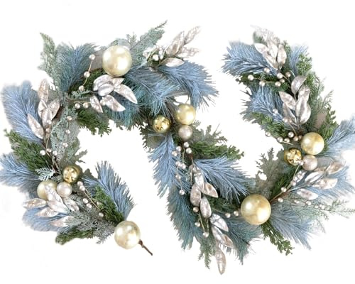 6 Ft Gold Christmas Garland for Mantle, Stairs, Fireplace - Real Touch Norfolk Pine with White Gold Balls, Holiday Decor for Indoor and Outdoor, Guirnaldas Navideñas