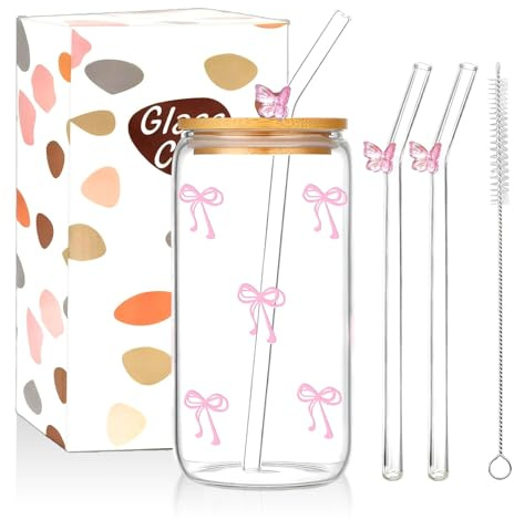 COEWUR Iced Coffee Cup 16 Oz Pink Glasses Tumbler with Straw and Lid | Cute Bow Glass Cups, Glass Drinking Cup for Latte Matcha Coquette Bubble Tea Milk, Gifts for Women Girls Friends