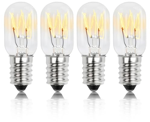 4 Stück Kühlschranklampe 15W E14 2700K warmweiß 90 Lumen T20 Kühlschrank | Glühbirnen 2700K Warmweiß, 230V Dimmbar Glühbirne E14 Salzlampenbirnen für Gefrierschrank Nähmaschinen Salzlampe