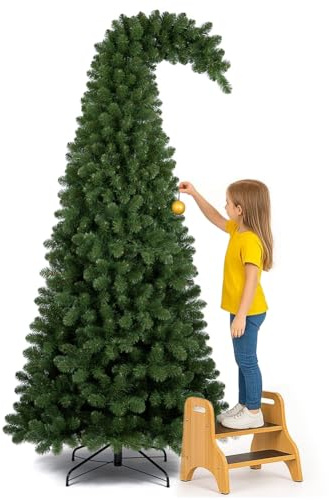BAKAJI Albero di Natale Grumpy Verde con Punta Ricurva Super Folto, Addobbo Natalizio Molto Folto con 1100 Punte, Base a Croce in Ferro Stabile, Decorazione Natalizia Piena, Apertura Ombrello (210 cm)