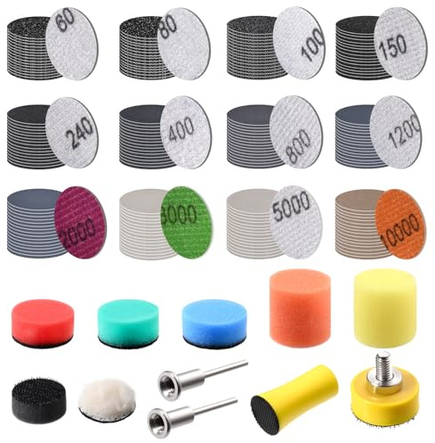 INJOYTEC 191PCS 1 Inch Sanding Discs Hook and Loop 60 to 10000 Wet Dry Sandpaper Micro Sanding and Polishing Set with 2PCS 1/8 Shank, Backing Pad, Polishing Pads, Foam Pads for Metal Glass Resin Wood