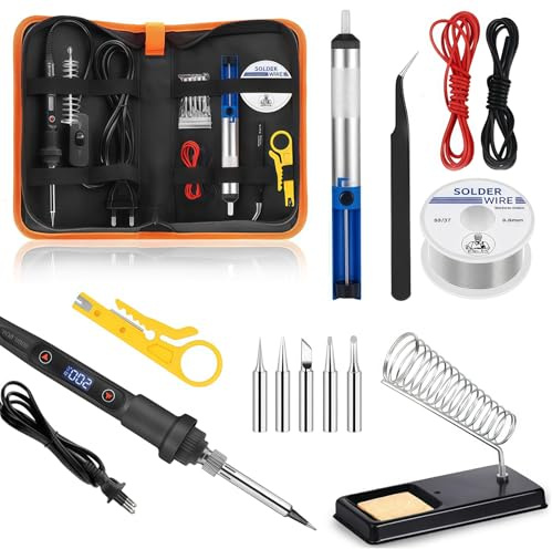 80W Lötkolben Set mit LCD Anzeige, Temperatur Einstellbar 180-500°C, inkl. 5 Lötspitzen, 50g Lötzinn, Entlötpumpe, Lötkolbenständer und Pinzette, Komplettes Lötwerkzeug für Elektronik und Reparaturen