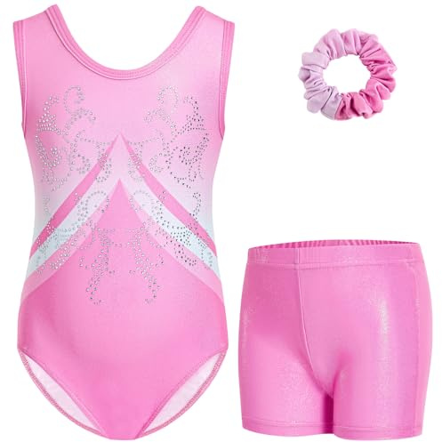 Gogokids Body da ginnastica per ragazze, con strass scintillanti, tute da danza, con pantaloncini, abbigliamento sportivo, Sfumato rosa-c, 8-9 anni
