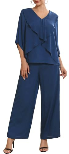 WOMLAYOUT Women Mother of Bride Chiffon Ruffles V Neck Wide Leg Top | Tulip half sleeves with side pockets. Shiny star in crowd. Cocktail party club disco evening date