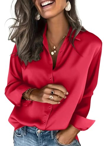 Chemisier Femme en Satin à Col en V Manches Longues Chemise Chic et Élégante Casual Soie Shirts Tops Taille S M L XL XXL,Rouge,M,f54r