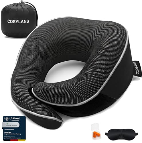 COSYLAND Nackenkissen Flugzeug & Auto - 360° Support Memory Foam Reisekissen Verstellbar - Ergonomisches Nackenhörnchen Erwachsene inkl. Beutel, Schlafmaske & Ohrstöpsel - Waschbar, Schwarz