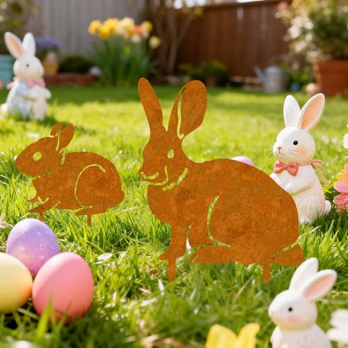 2er Oster Hase Gartenstecker Deko Rost,Deko Hasen Gartenstecker Rost,Gartendeko Rost Hasen,Osterdeko für draußen Gartenstecker,Blumenstecker Hase Osterschmuck für Terrasse Balkon Blumentopf Bauernhof