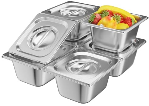 TAIMIKO 6PCS Stainless Steel Gastronorm Pan Food Container Pot ，100mm Depth,Heavy Duty Tray Food Storage Container Bain Marie Catering Food Pans,1mm thickness (1/6 Pans, 6pcs)
