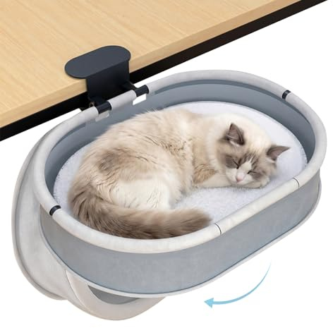 Katzenbett Schreibtisch Katzenkorb bis 27KG - Stabile Cat Desk Bed Befestigung Ohne Bohren - 90° Foldable Katze Schreibtisch Liegeplatz mit Metallgestell - Platzsparend Katzen Hängematte