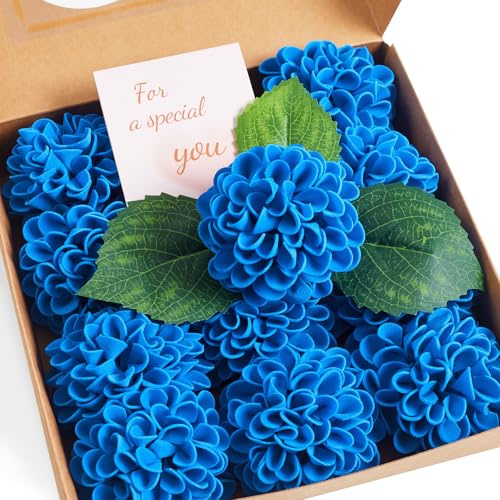 XIANNVXI 12 Stück Blaue Kunstblumen Dahlien Künstliche Blumen Blau Schaum Hortensie Fake Blumen Deko Chrysanthemen Vasen für Blumenarrangements, Hochzeiten, Brautstrauß 6 Blätter 25cm Stängel