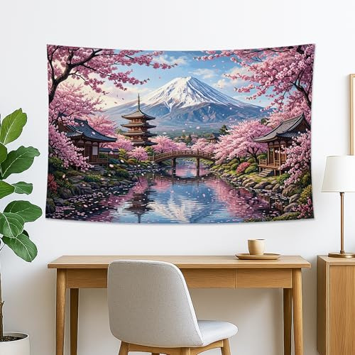 Arazzo da parete giapponese con fiori di ciliegio, pesca floreale giapponese, decorazione estetica per camera da letto, soggiorno, spazio per meditazione, 152 x 127 cm