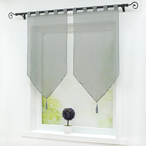 Joyswahl Scheibengardine Voile Bistrogardinen mit Quaste Grau Schlaufen | BxH 45x90cm, Panneaux 2 Stück, Fenstergardinen Einfarbig, Melina Kurzstore landhaus, Küchengardine Transparent, Kleinfenster