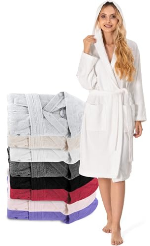 Twinzen Bademantel Damen - 100% Baumwolle (350g/m²) OEKO-TEX® Zertifiziert - Morgenmantel Damen mit Kapuze, 2 Taschen, Gürtel - Weiß - M