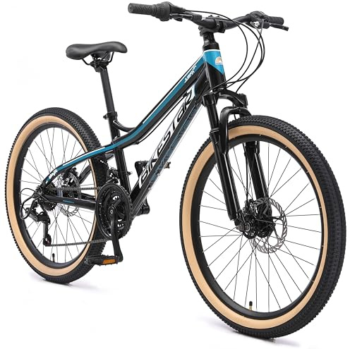 BIKESTAR Alu Mountainbike Jugendfahrrad 24 Zoll ab 9-14 Jahre Hardtail | 21 Gang Shimano Schaltung, Scheibenbremse, Federgabel | Kinder Fahrrad Schwarz & Blau | Risikofrei Testen