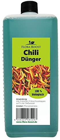 Konfitee Chili Dünger Flora Boost 1000ml I Für bis zu 200L Gießwasser I Gemüsedünger für Paprika & Chili Pflanzen I Flüssiger Blatt- & Wurzeldünger I 100% natürlicher Pflanzendünger