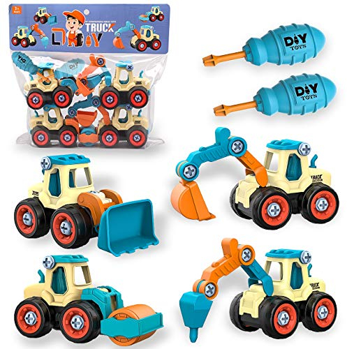 aovowog Bagger Spielzeug ab 3 4 5 Jahren für Jungen,4 in 1 BAU Jungen Sandkasten Sandspielzeug Engineering Set,Zerlegen DIY Baufahrzeuge Lernspielzeug für Kinder