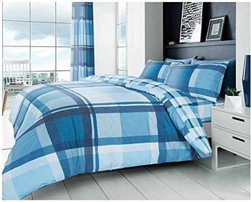 Gaveno Cavailia Easy Care Check Style Duvet Cover with Pillowcases, Luxury Reversible Quilt Bedding Set, Poly Cotton, Kingsize, Blue, King