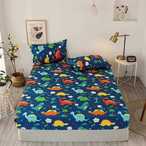 Damier Kinder Spannbettlaken 120x200cm Dino Muster Spannbetttuch mit Gummizug Jungen Kids Dinosaurier Bettlaken geeignet für Matratzen bis 30cm