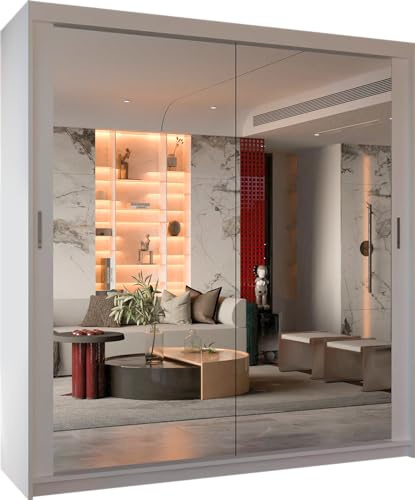 MN Furniture Fully-Mirrored with Double Sliding Doors Wardrobe and Organiser Hanging Rail Shelves (180 CM, WHITE)