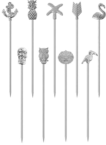 9 x Edelstahl-Cocktailspieße, Metall-Garnierschnur, Oliven-Martini-Stick, wiederverwendbarer Obst-Zahnstocher für Getränke oder blutige Mary-Spieße, Hors d'oeuvres, Fruchtgarnierstäbchen (Silber)