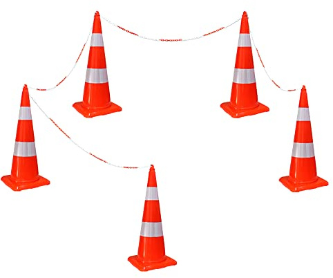 5 Pcs Traffic Cones 750 MM and 4 Pcs 3 Meter Plastic Chain Safety Barrier Set | Road Safety Full Soft PVC Traffic Cone | UV Protected 8MM Plastic Chain | Reflective Traffic Cone and Plastic Chain Set