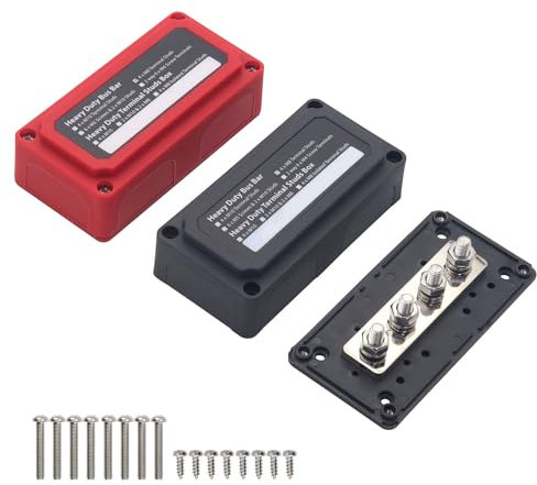 T Tocas Bus Bar 300A 12V- 48V DC Heavy Duty Module Design Battery Distribution Block 4X M8 Terminal Studs Busbar Box with Cover, Red & Black 2 Pack