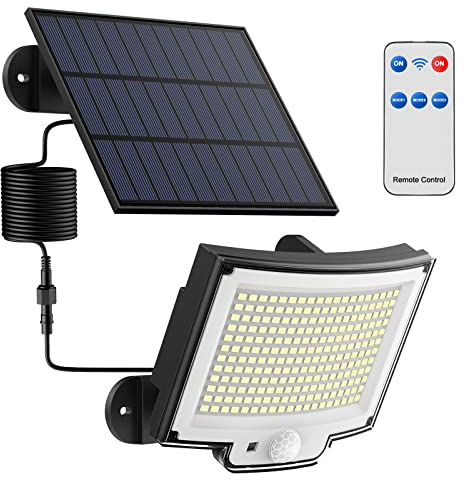 Topabol Luce Solare Led Esterno con Sensore di Movimento [228LED/3Modes] Luci Solari da Esterno con Telecomando, IP65 Impermeabile LED Lampade Solari da Esterni con Estensore da 5M Giardino Garage