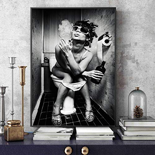 Schwarz-Weiß-Leinwanddrucke für Zuhause, Wanddekoration, anmutige Frau auf der Toilette, Wandposter und Druck, Frau mit Brille, Pop-Art, 48 x 32 cm, rahmenlos