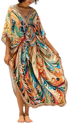 LikeJump Women Boho Long Maxi Kaftan Roomy Loungewear Oversized Beach Dress Cover Ups Robes