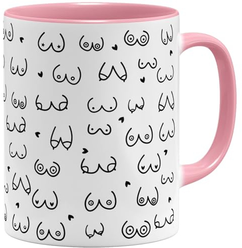 OM3® witzige Doodle Kaffeetasse mit Brüsten - Titten Tasse Brüste-Muster - Keramik Becher - 11oz 325ml - Rundumdruck - Rosa
