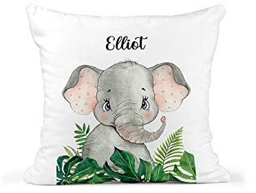 Custom Kids Jungle Cushion | Personalised Scatter Cushion | 100% Polyester Throw Pillow | Nursery Decor | New Baby Gift | 40cm x 40cm | Elephant, Giraffe, Tiger, Sloth, Zebra, or Hippo Design