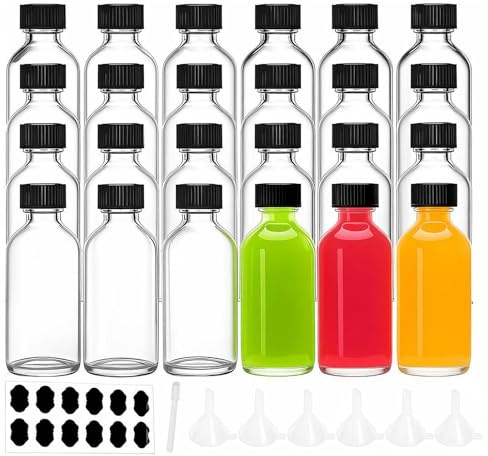 YBCPACK Schnapsflaschen aus Glas mit Deckel, 60 ml, kleine Ingwerflaschen, nachfüllbar mit 8 Mini-Trichtern, 12 Kreideetiketten und 1 Stift, klare Miniatur-Alkoholflaschen für Ingwer, Saft,