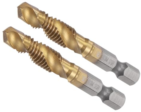 CoCud 2 Pièces Foret-Taraud Combiné Taille de Filetage M8 x 1,25 | Acier Rapide Revêtu de Titane 4341, Queue Hexagonale de 1/4, pour Aluminium Acier Inoxydable Plastique