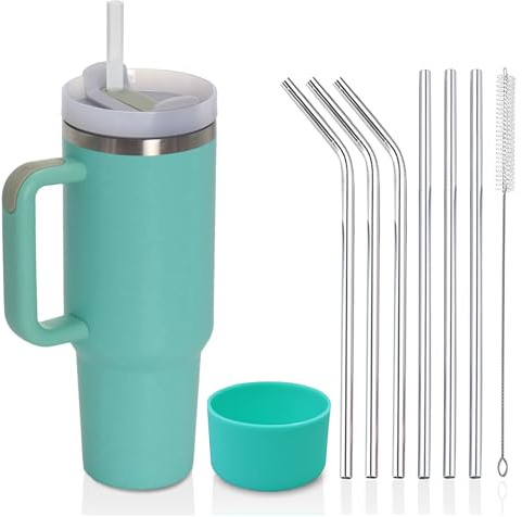 YuanDiann 850ml/30oz Tazza in Acciaio Inossidabile a Doppia Parete con Isolamento Sotto Vuoto con Manico e Coperchio Tazza da Caffè To Go Auto con Cannuccia in Acciaio Inossidabile Verde