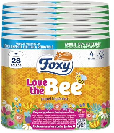 Foxy Love the Bee | 3 capas |Papel higiénico 28 rollos | 167 servicios por cada rollo | Certificación FSC | 100% Energía eléctrica renovable | Paquete reciclable producido con plástico reciclado