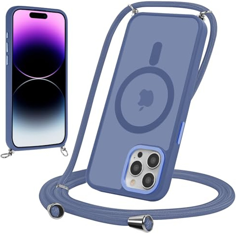Yoedge Magnetische Handyband für iPhone 12 Pro Max 6,7 Hülle mit Band, Handyhülle Kompatibel mit MagSafe, Matt Transluzente PC + TPU Stoßfest Schutzhülle mit Abnehmbar Kordel zum Umhängen Case, Blau