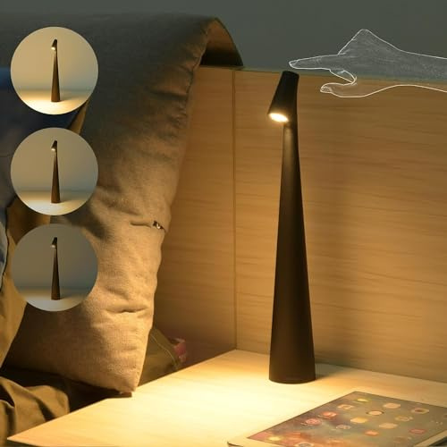 Lampada da Tavolo LED Senza Fili Dimmerabile con Controllo Touch, Lampada da tavolo a LED Ricaricabile a Batteria, Luce da tavolo ricaricabile con USB, Lampada da tavolo Portatile in Metallo,Nero
