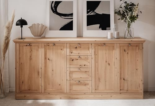 möbelando Anrichte >Timber< Landhaus, 4 Türen, 4 Schubladen, 4 Böden, in Artisan Eiche Dekor - 200x90x40cm (BxHxT)
