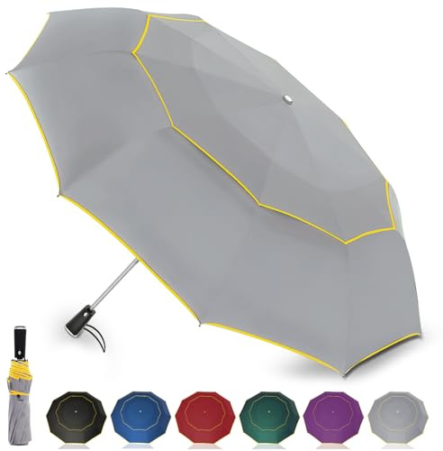 Satol Ombrello da Golf | Doppio Tetto & Ventilazione | Antitempesta & Apertura Automatica 54 Pollici | 10 Spine in Metallo per Massima Stabilità | Con Strisce Riflettenti (Grigio con Bordo Giallo