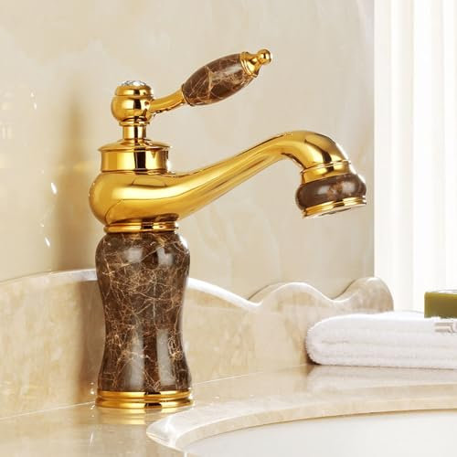 CCKUHN All Copper Natural Jade Sink Basin Hot and Cold Water Faucet Gold Splash Faucet, Gold-Coffee Jade Model