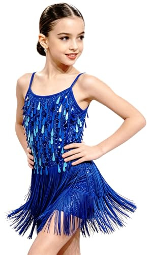 LOLANTA Paillette Frange Danza Costume Bambina, Abiti Ballo Latino Salsa Rumba Bambini, Mini Abito Completo Ballo Senza Maniche con Nappe e Pantaloncini, Blu Royal, 8-9 Anni, 140