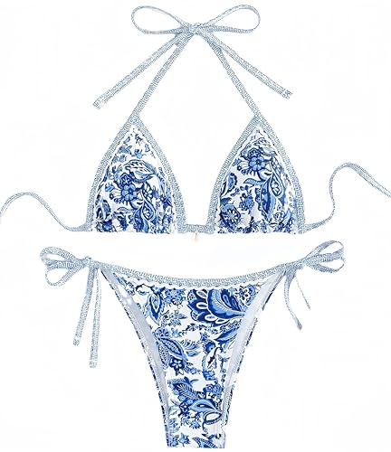 Ocean Plus Femme Boho Triangle Bikini Set avec Armatures Maillots de Bain Bandeau Slips avec Cordon de Serrage (XS (EU 30-32), Fleurs Bleu foncé)
