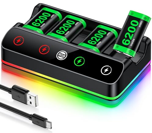 Rechargeable Battery Pack for Xbox One/Series Controller, 4x6200mWh Battery Pack with Charger/Cooling RGB/25H Playtime, Compatible with Xbox One/S/X/Elite 1, Series S/X Controller Thumb Grips