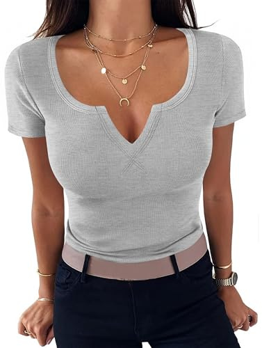 Aottori Kortärmad T-shirt för kvinnor elegant fyrkantig hals casual topp t-shirt tunika skjortor enfärgad topp sommartröjor, B-grå, L