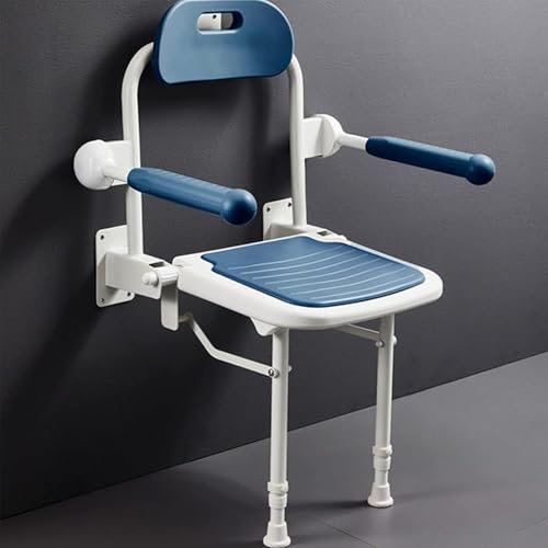 Yglophic Duschklappsitz Klappsitz Mit Armlehnen Und Rückenlehne Für Wandmontage, Duschstuhl Mit Armlehne, Stabil Duschhilfe, Rutschfeste Duschsitz, Badhocker Für Senioren B, Aluminiumlegierung, Blau