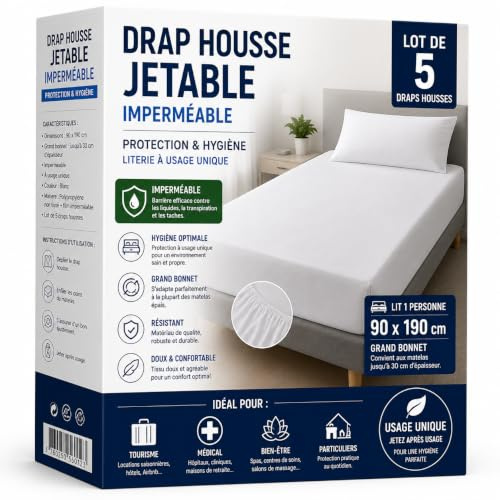 Drap Housse Jetable 90 x 190 cm - Imperméable – Housse Matelas Grand Bonnet - Lit 1 Personne – Lot de 5 Draps Housses - Protection & Hygiène - Literie à Usage Unique – Tourisme et Médical Blanc